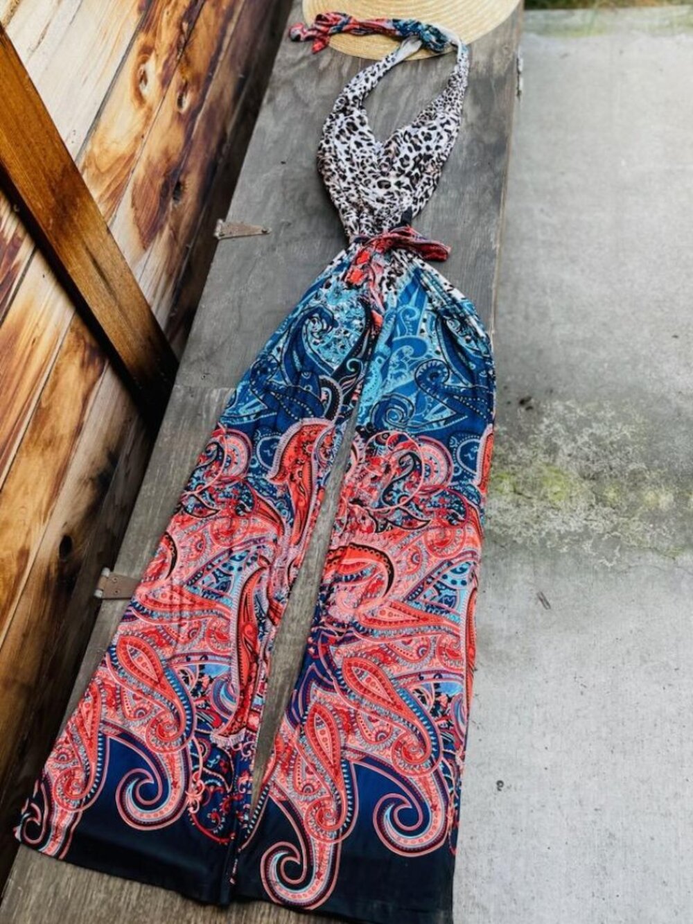 Glamazon Boho Animal & Floral Wide Leg -Halter Jumpsuit-Size M